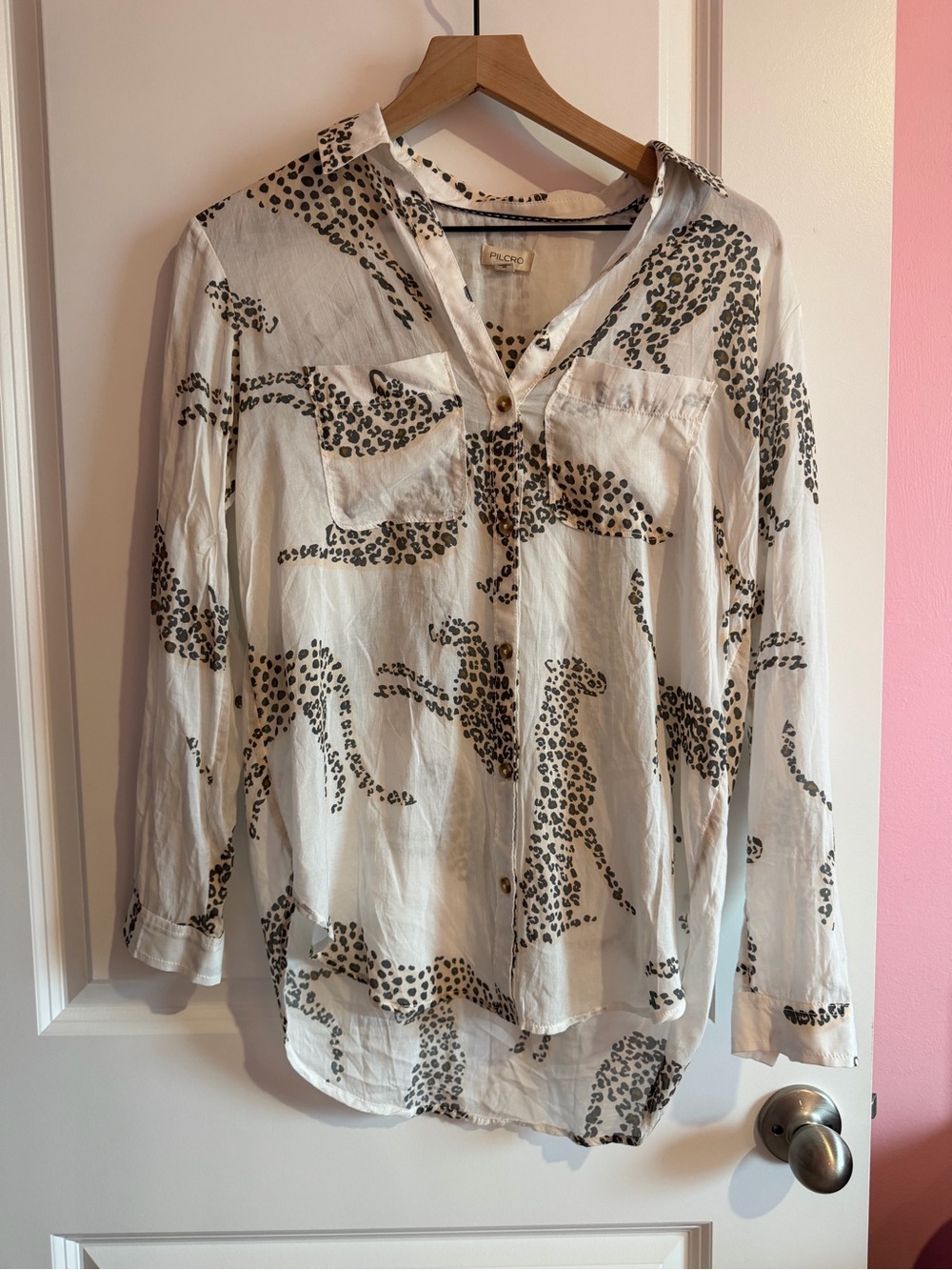 Pilcro White Button-Up Shirt with Black Leopard Spots